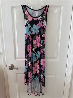 Jolie Black Floral Sleeveless High-Low Dress with Pink & Aqua Flowers